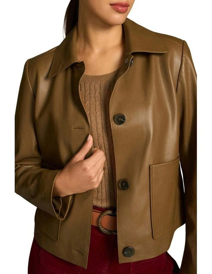 Buttoned Leather Jacket in Tan image 3