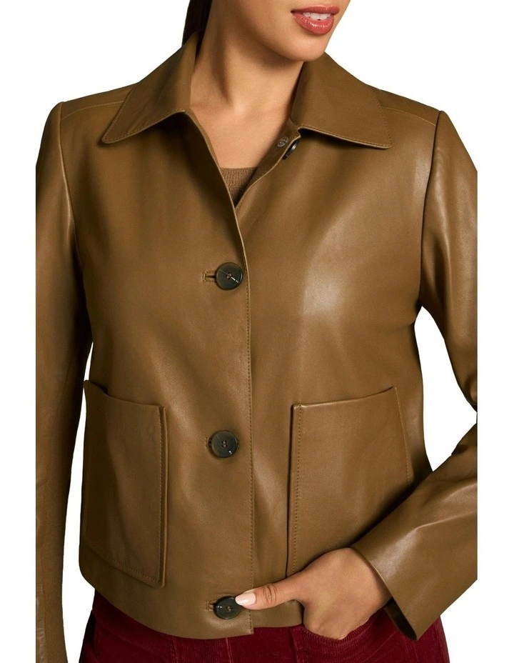 Buttoned Leather Jacket in Tan image 4