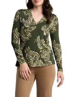 Long Sleeve Button Detail T-shirt in Green