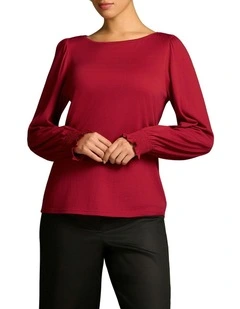Shirred Cuff Merino Top in Crimson
