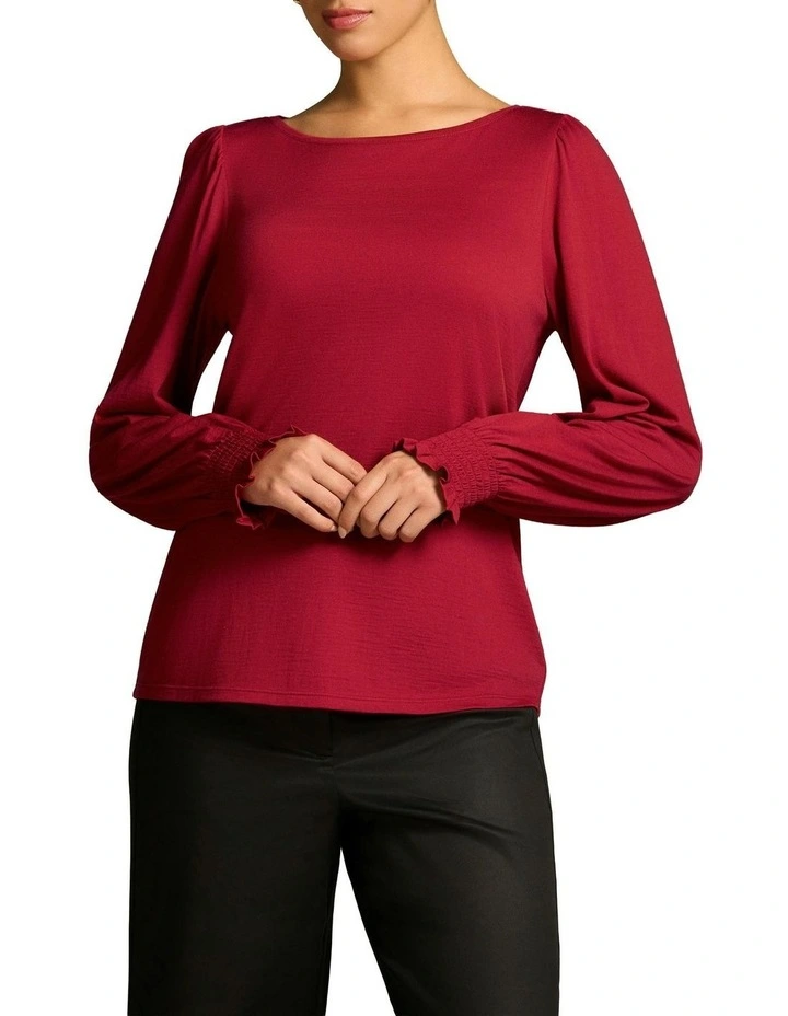 Shirred Cuff Merino Top in Crimson image 1