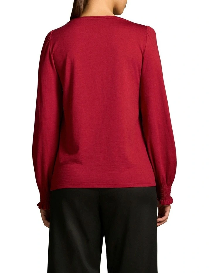 Shirred Cuff Merino Top in Crimson image 2