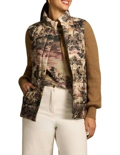 Reversible Brolga Print Puffer Vest in Beige
