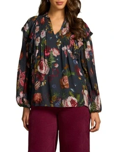 Frill Detail Botanic Printed Blouse in Ink