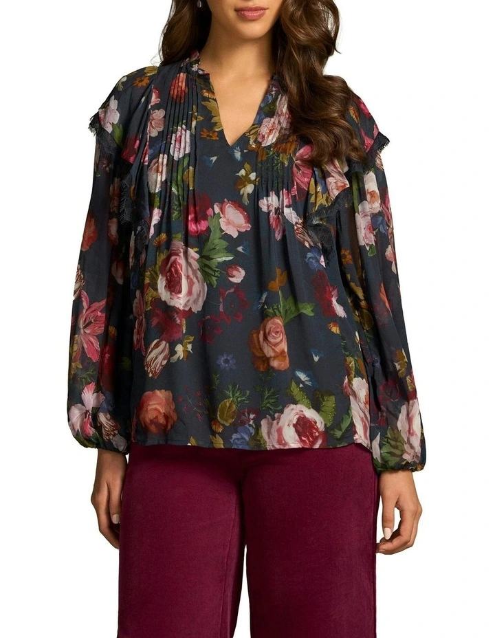 Frill Detail Botanic Printed Blouse in Ink image 1