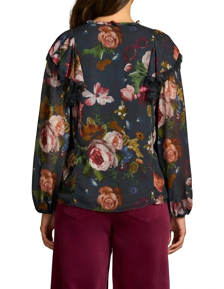 Frill Detail Botanic Printed Blouse in Ink image 2