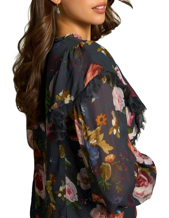 Frill Detail Botanic Printed Blouse in Ink image 4
