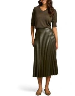Pleated Faux Leather Skirt in Olive