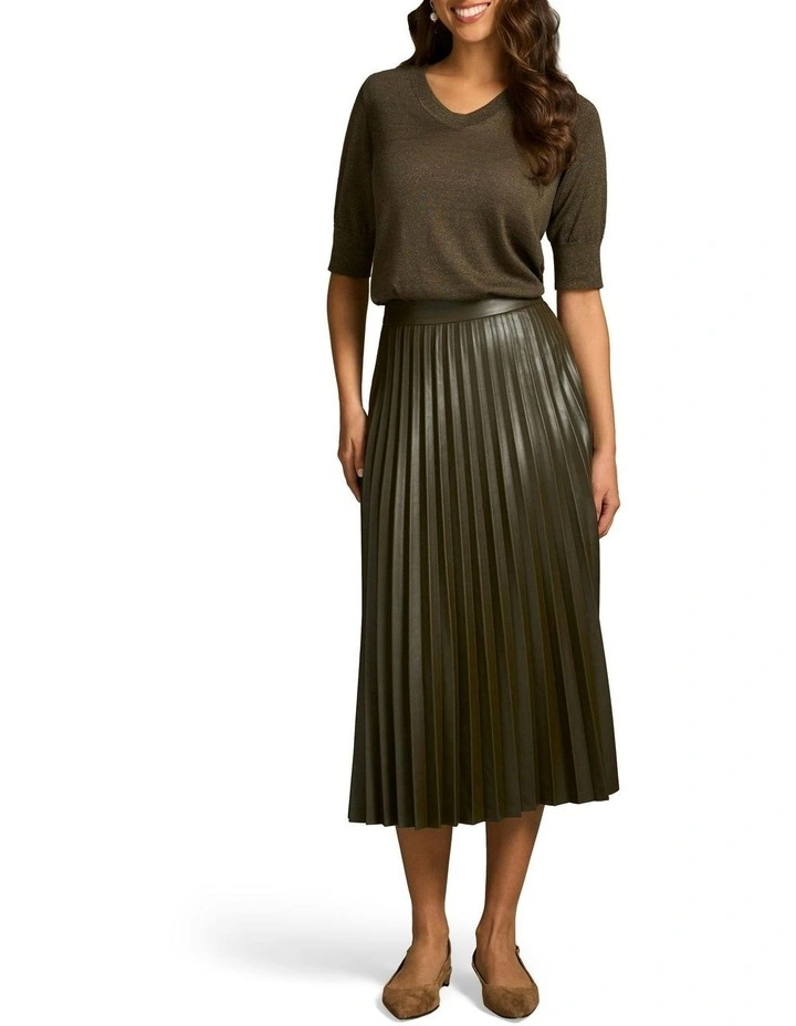 Pleated Faux Leather Skirt in Olive image 1