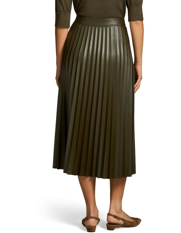 Pleated Faux Leather Skirt in Olive image 2