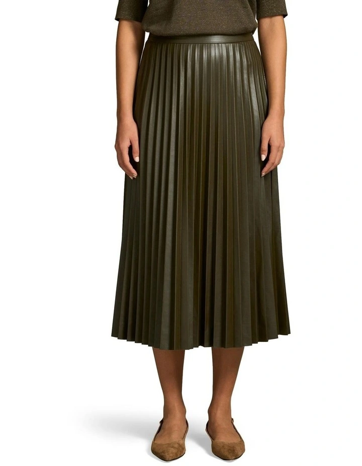 Pleated Faux Leather Skirt in Olive image 3