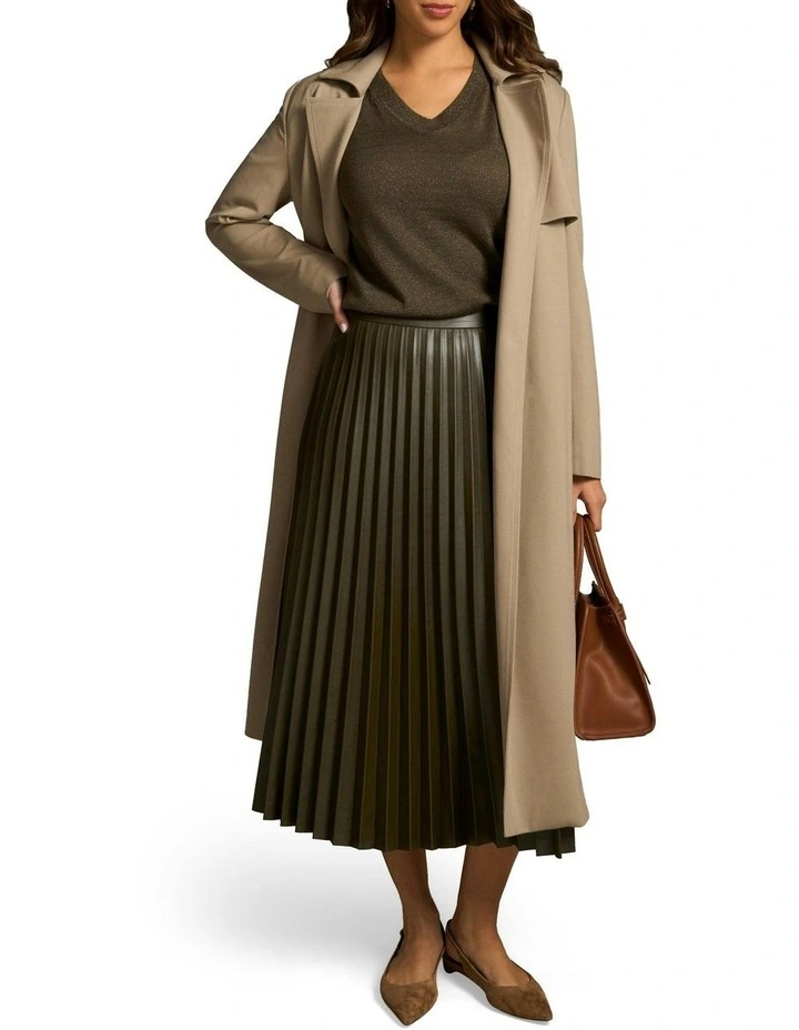 Pleated Faux Leather Skirt in Olive image 5