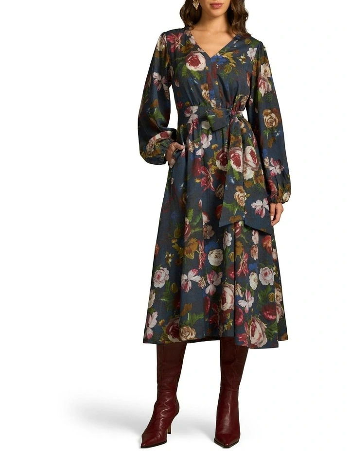 Floral Botanic Printed Midi Dress in Ink image 1