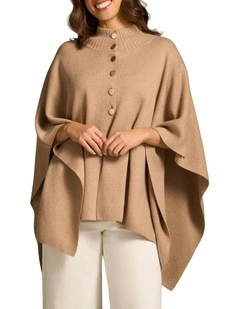 Button Front Poncho in Taupe