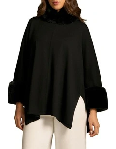 Faux Fur Trim Poncho in Black