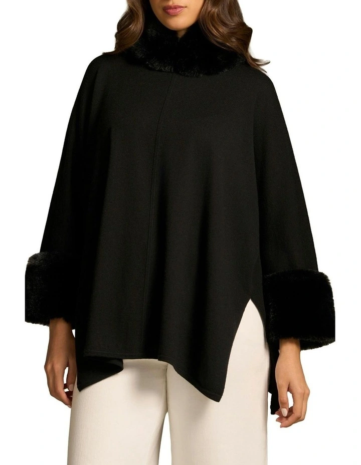 Faux Fur Trim Poncho in Black image 1