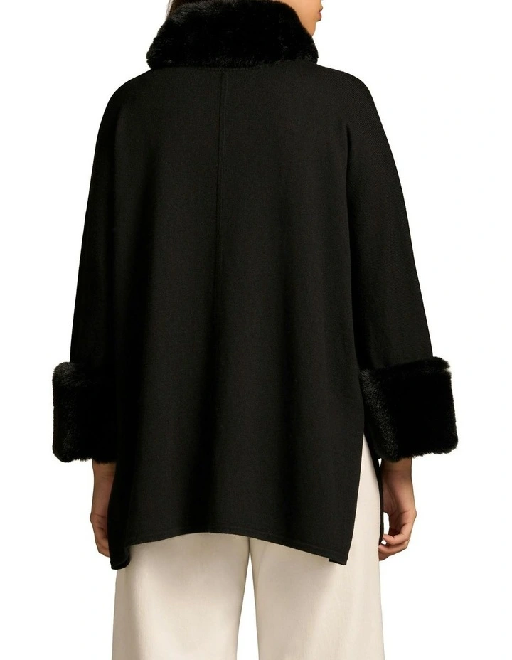 Faux Fur Trim Poncho in Black image 2