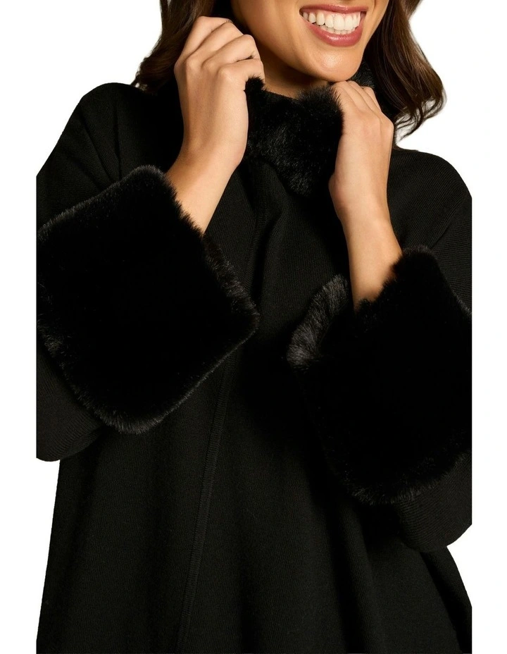 Faux Fur Trim Poncho in Black image 3