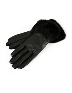 Faux Fur Trim Leather Gloves in Black