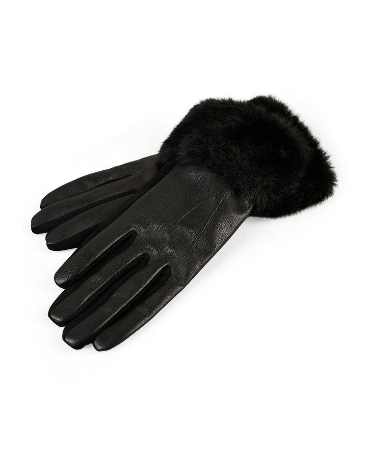 Faux Fur Trim Leather Gloves in Black image 1