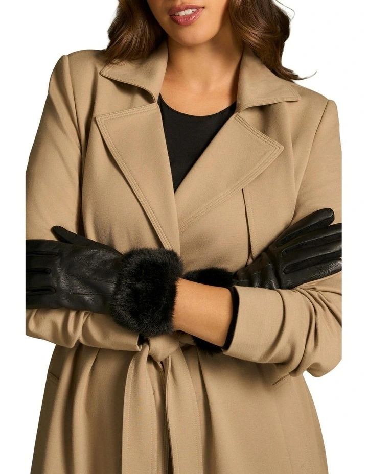 Faux Fur Trim Leather Gloves in Black image 2
