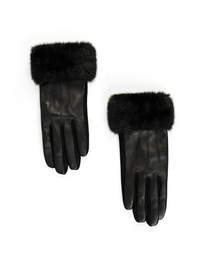 Faux Fur Trim Leather Gloves in Black image 3