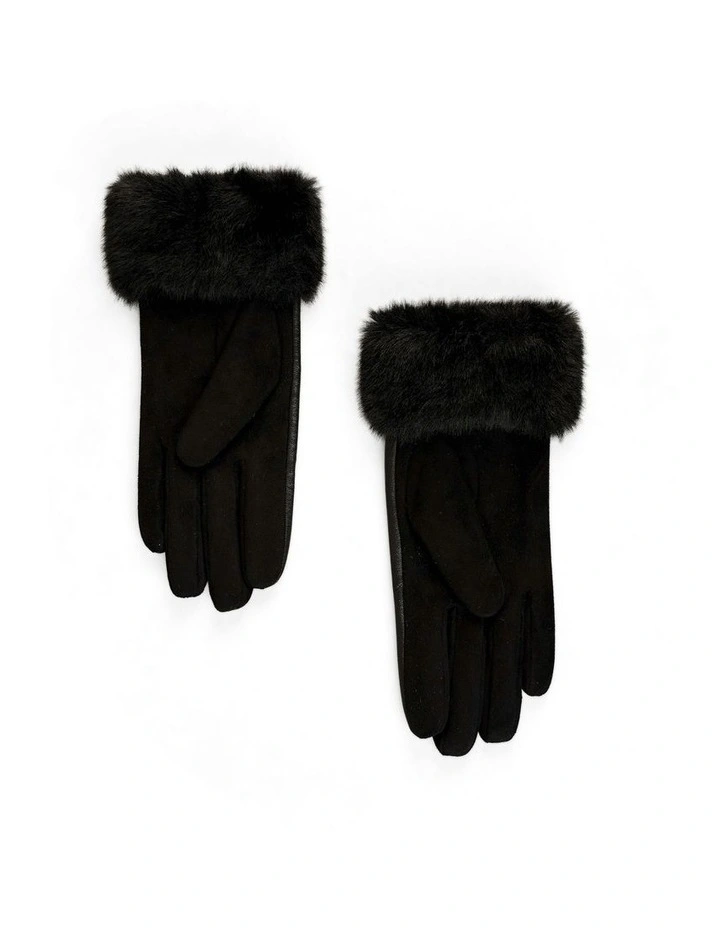 Faux Fur Trim Leather Gloves in Black image 4