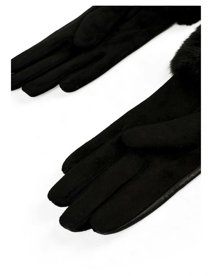 Faux Fur Trim Leather Gloves in Black image 6
