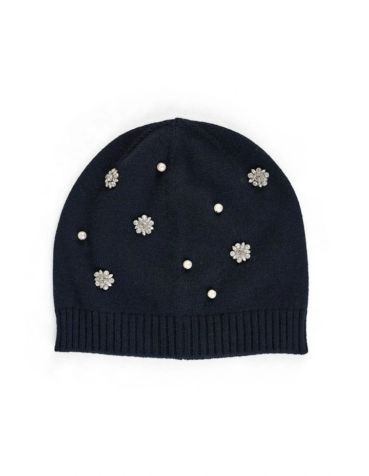 Diamante Embellished Beanie in Navy image 1
