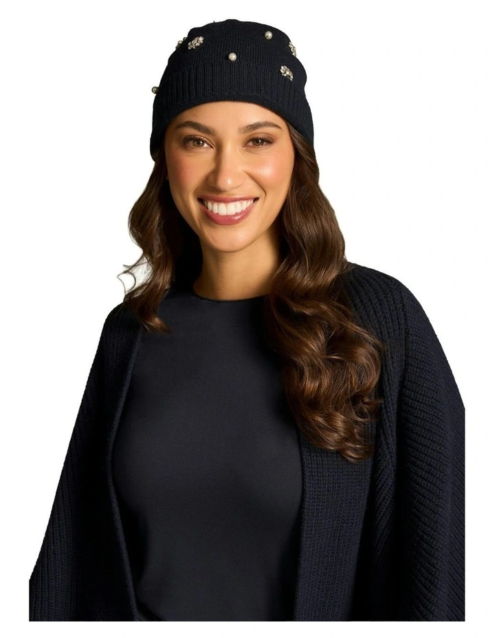 Diamante Embellished Beanie in Navy image 2