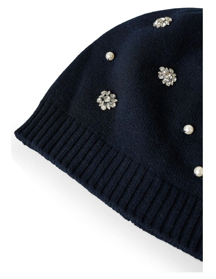 Diamante Embellished Beanie in Navy image 3