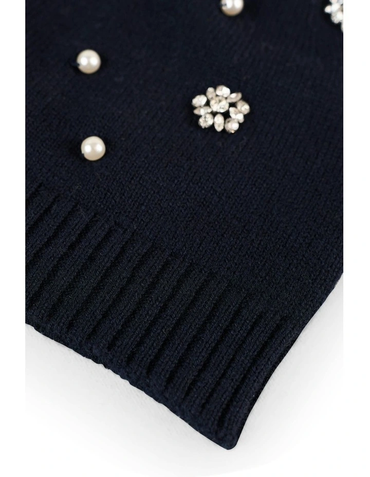 Diamante Embellished Beanie in Navy image 4