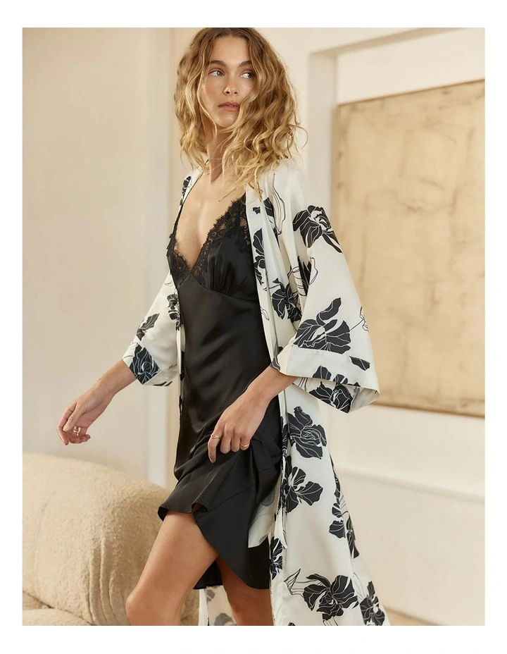 Daisy Recycled Silky Satin Long Robe in Ivory image 6