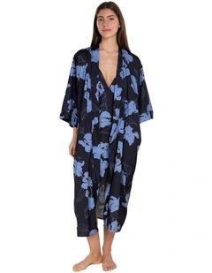Daisy Recycled Silky Satin Long Robe in Navy