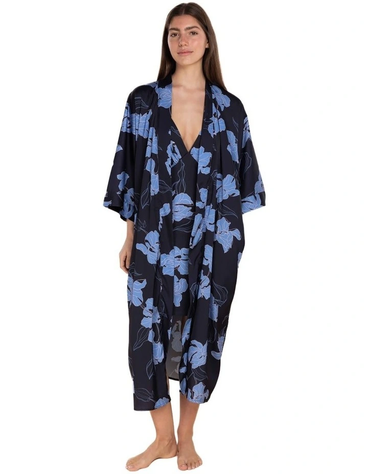 Daisy Recycled Silky Satin Long Robe in Navy image 1