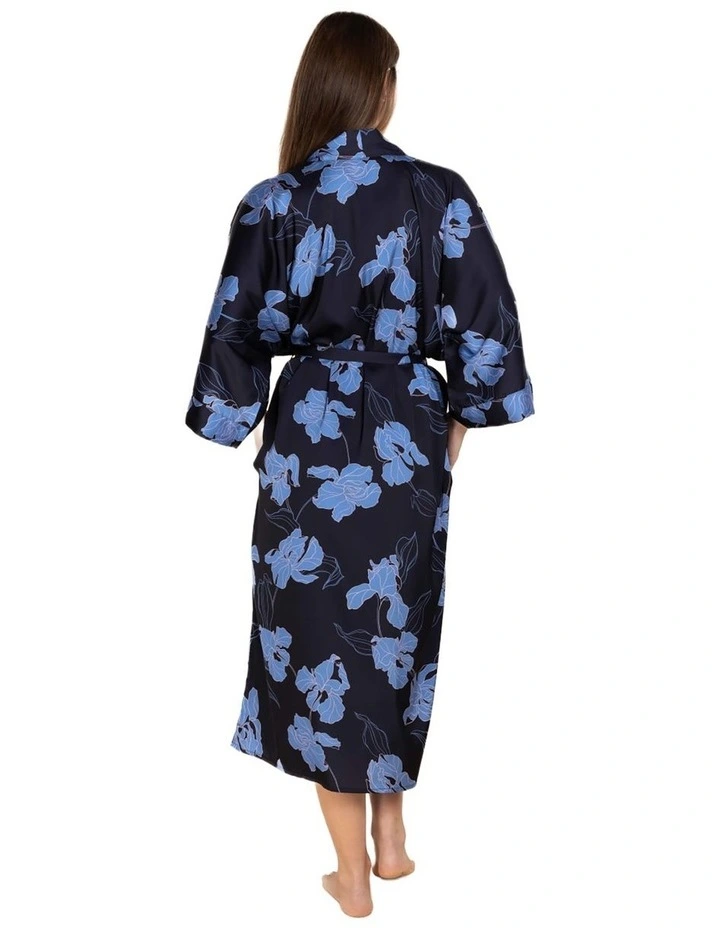 Daisy Recycled Silky Satin Long Robe in Navy image 2