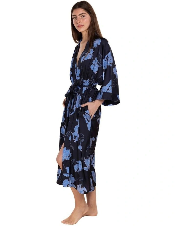 Daisy Recycled Silky Satin Long Robe in Navy image 3