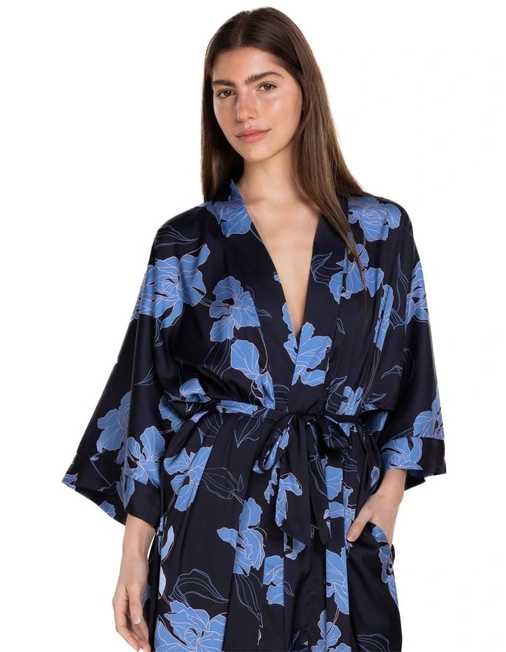 Daisy Recycled Silky Satin Long Robe in Navy image 4