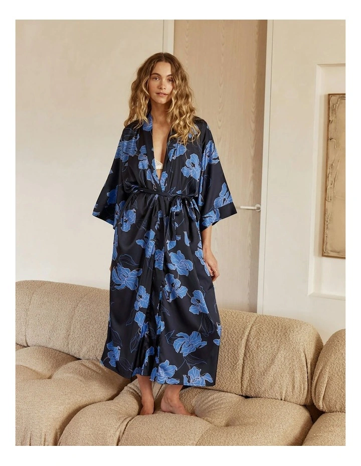 Daisy Recycled Silky Satin Long Robe in Navy image 5