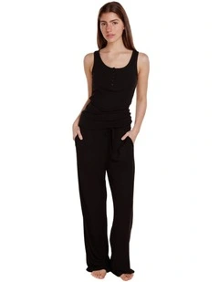 Liberty Ribbed Singlet Henley Top in Black
