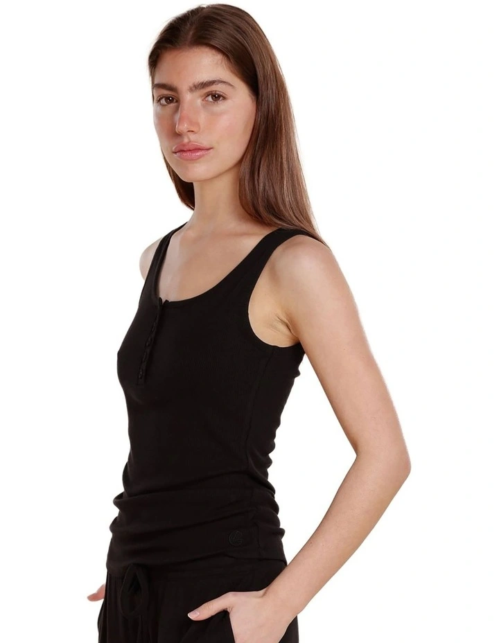 Liberty Ribbed Singlet Henley Top in Black image 3