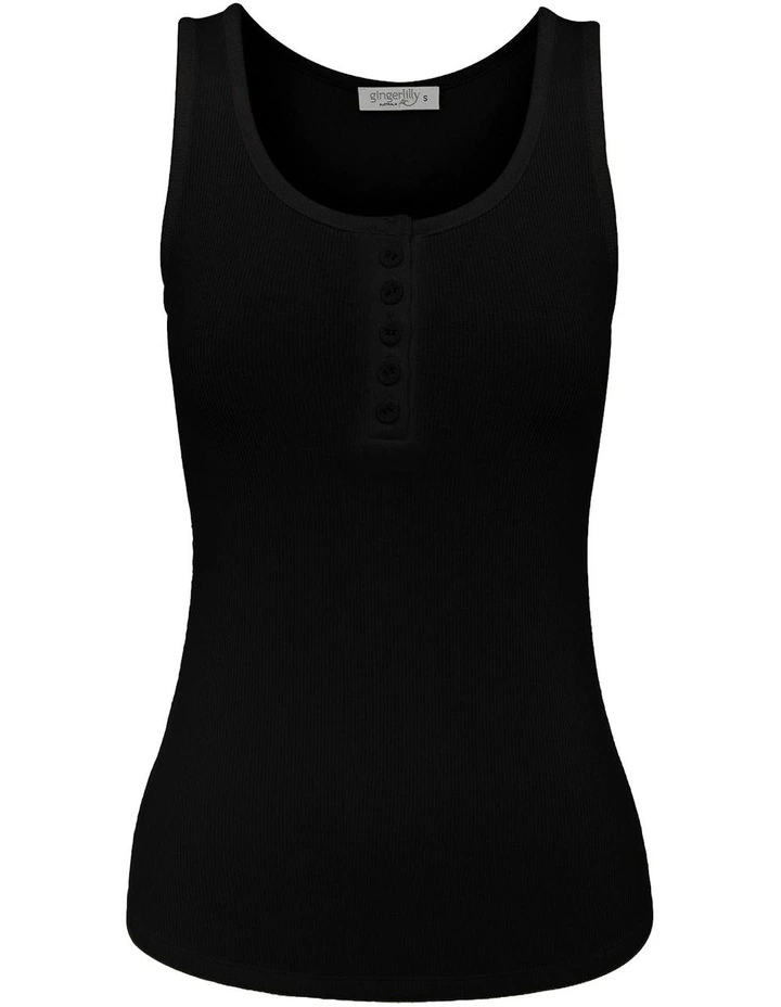 Liberty Ribbed Singlet Henley Top in Black image 5