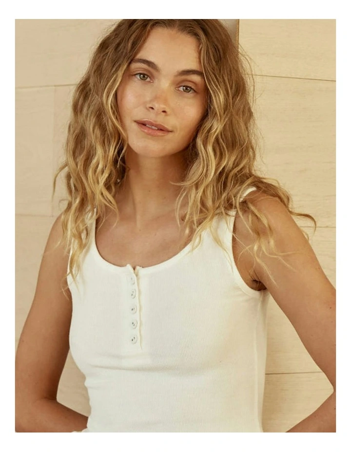 Liberty Ribbed Singlet Henley Top in Ecru image 5