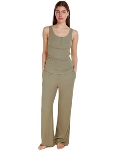 Liberty Ribbed Singlet Henley Top in Olive