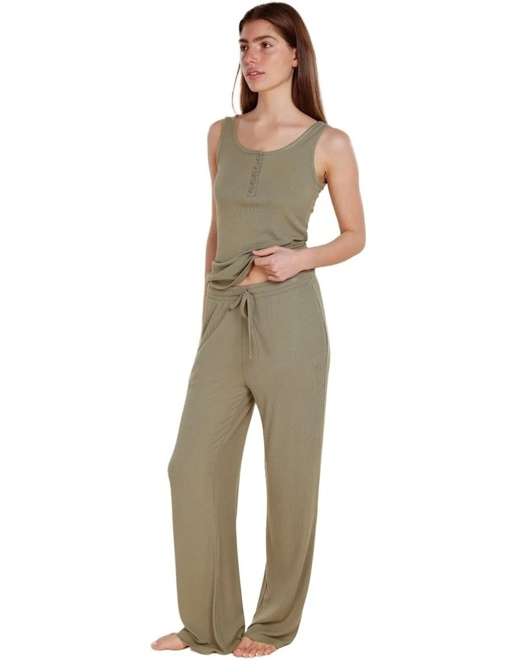 Liberty Ribbed Singlet Henley Top in Olive image 3