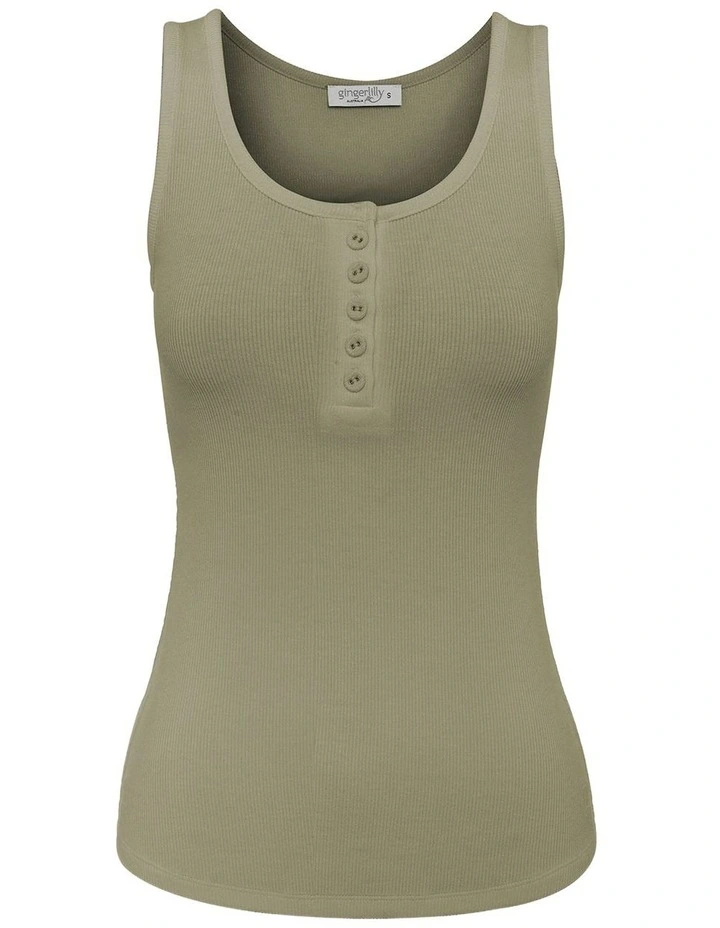 Liberty Ribbed Singlet Henley Top in Olive image 5