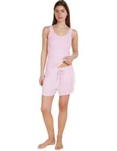 Liberty Ribbed Singlet Henley Top in Pink