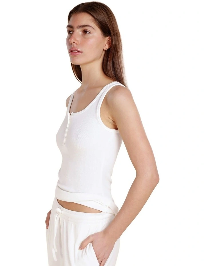 Liberty Ribbed Singlet Henley Top in White image 4