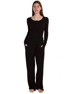 Lille Ribbed Long Sleeve Henley Top in Black