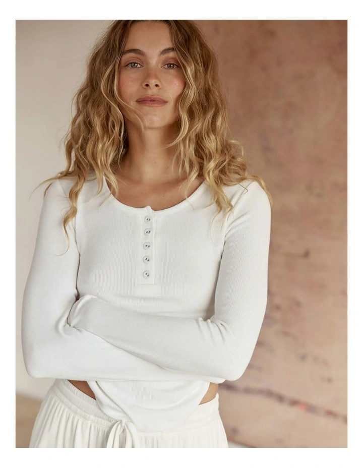 Lille Ribbed Long Sleeve Henley Top in Ecru image 6